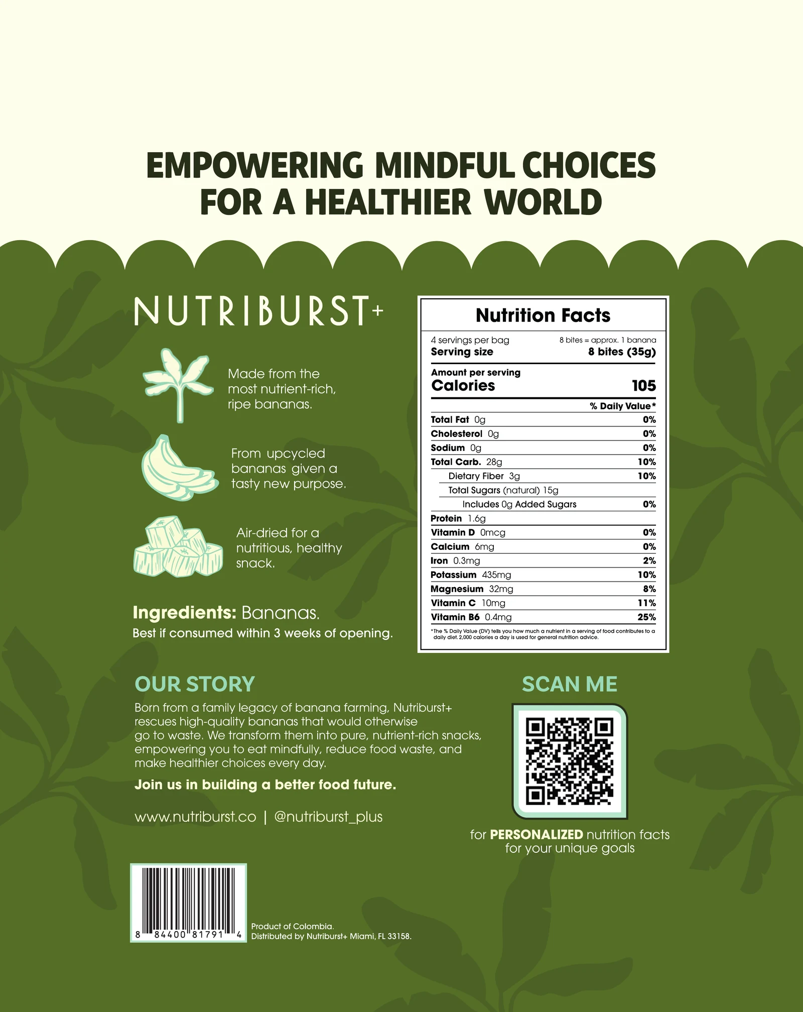Back of the Nutriburst+ bag with ingredients and nutrition facts
